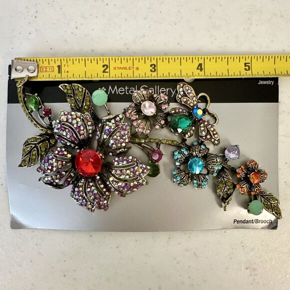 Multi-Colored Flower & Rhinestone Brooch 6x3 inches # 1415801 Aqua Red Pink Blue - Picture 4 of 5